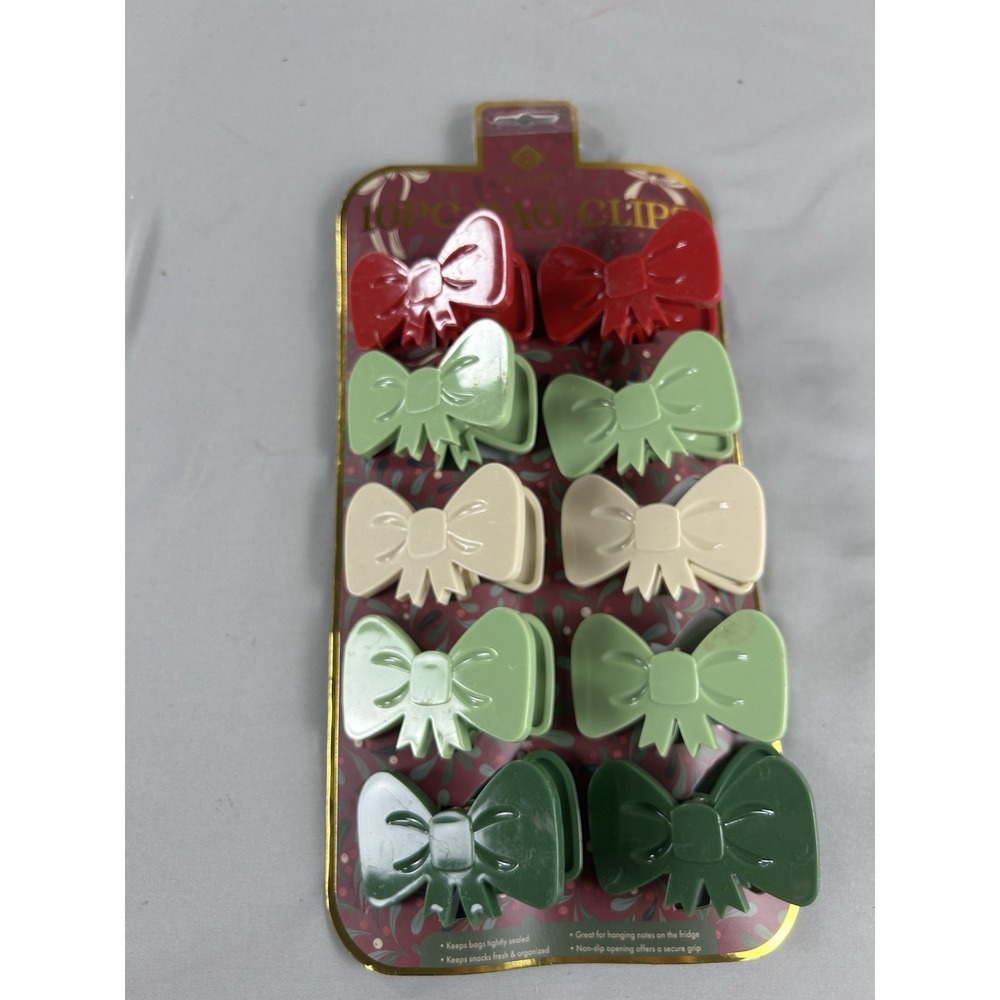 10pc Christmas Bow Bag Clips Magnetic Food Sealing Clips Holiday Kitchen Set New